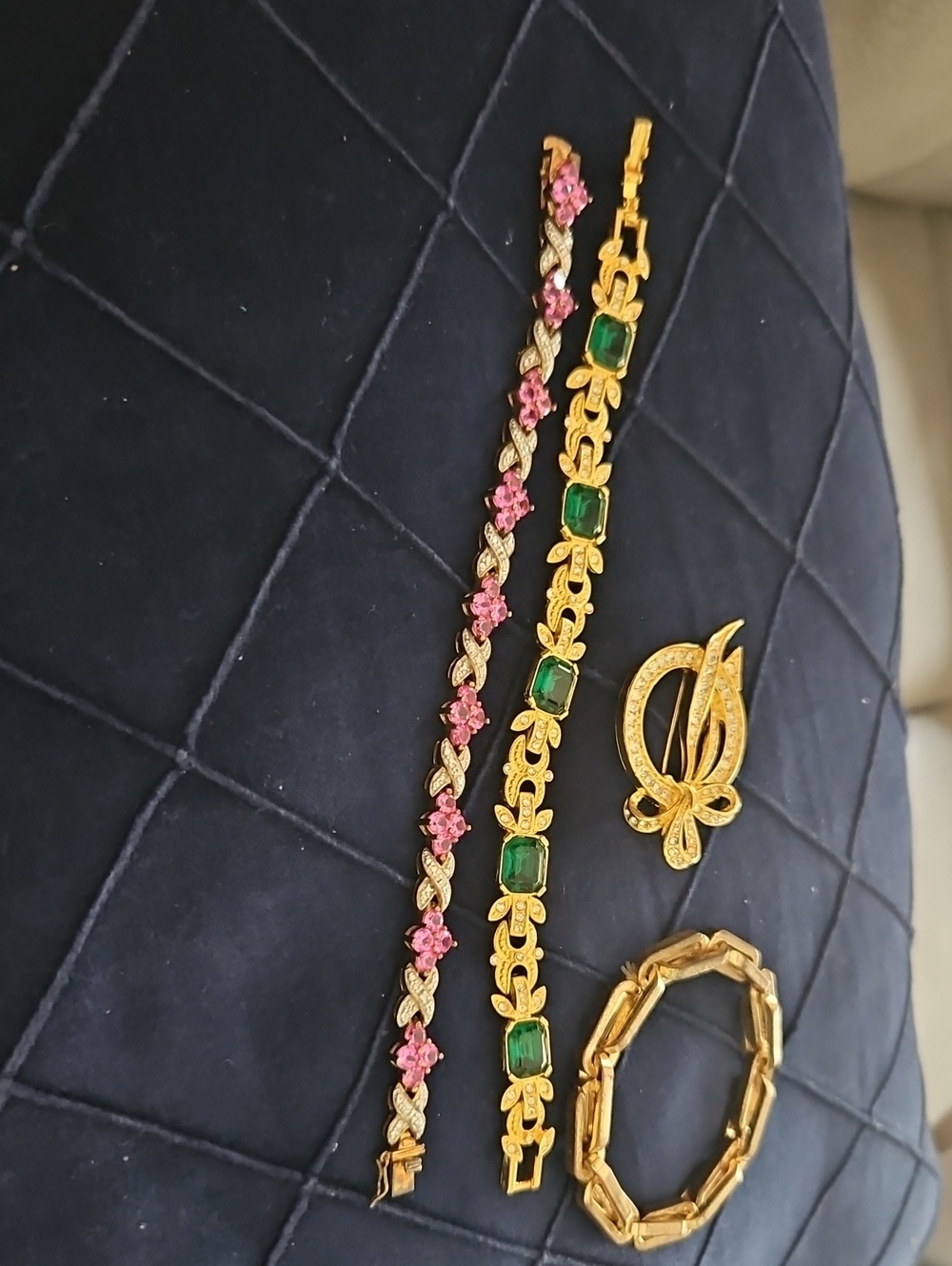 Gold-Tone Bracelet Set with Pink and Green Gem Accents